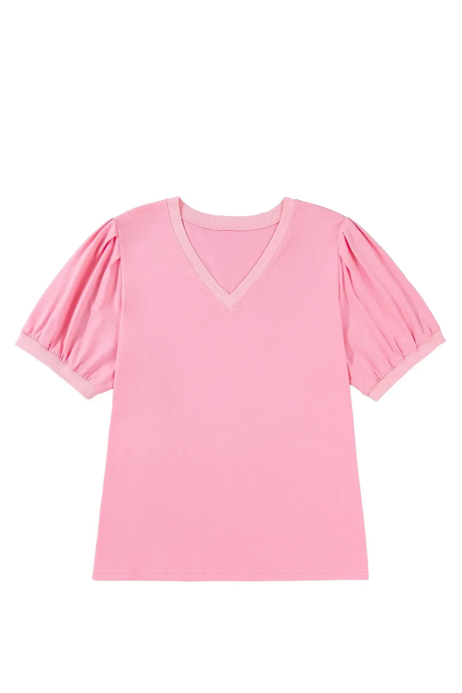 Bonbon V Neck Pleated Short Puff Sleeve Plus Size Blouse
