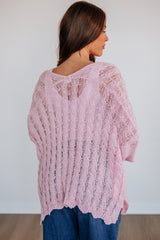 Pink Drop Shoulder Crochet Knit Open Front Sweater Cardigan