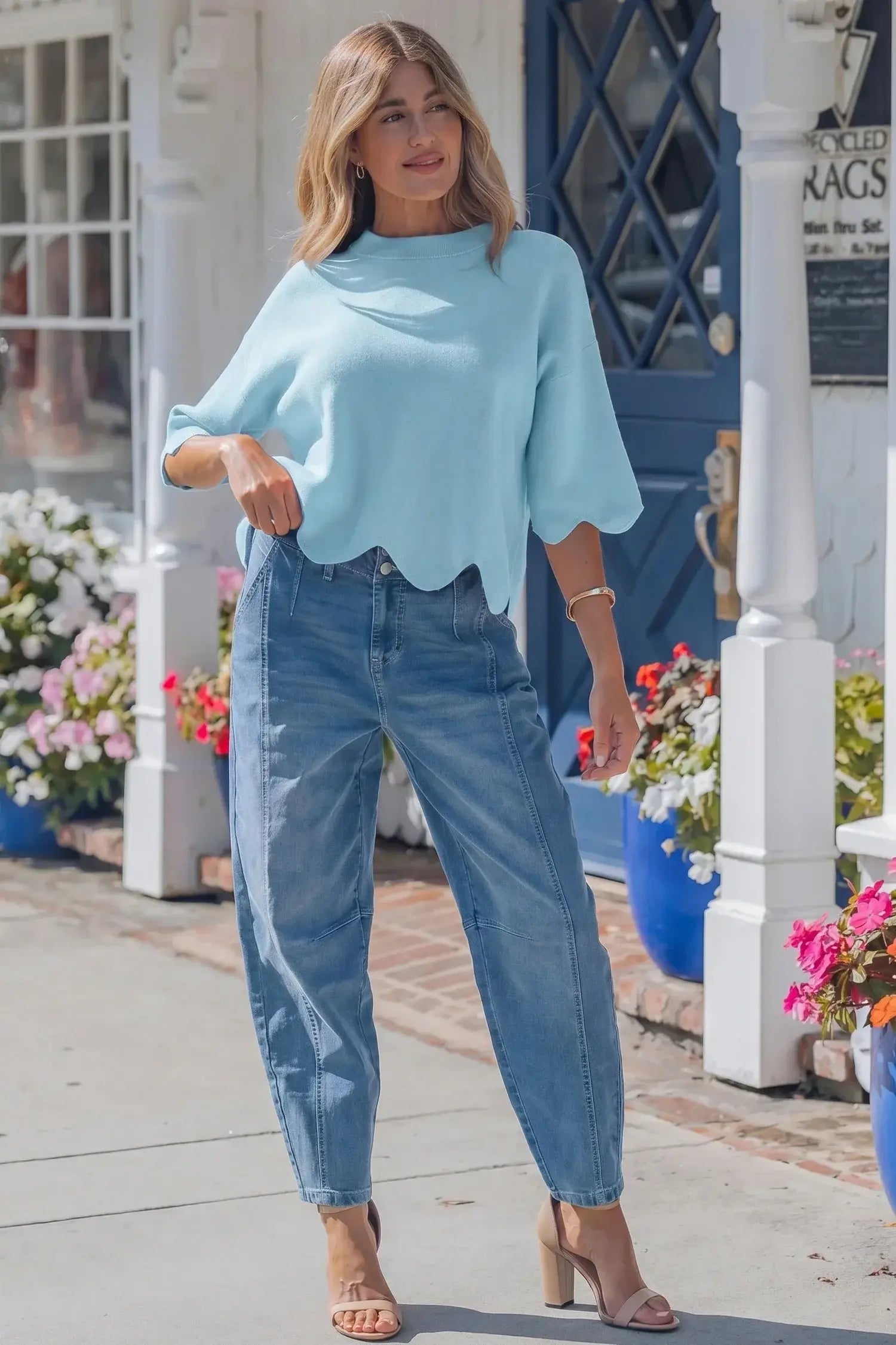 Myosotis Scalloped Hem 3/4 Sleeve Sweater Top
