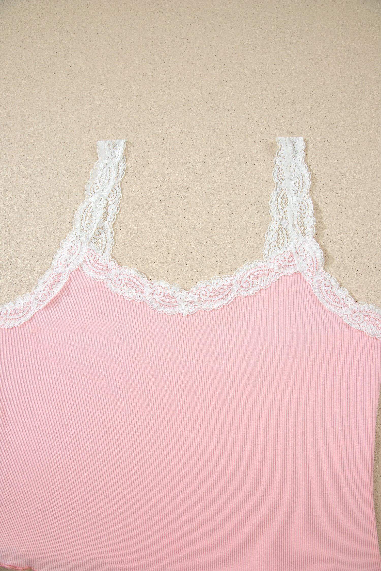 Pink Ribbed Knit Lace Straps Patchwork Lettuce Hem Cropped Top Floral Short Lounge Set