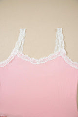 Pink Ribbed Knit Lace Straps Patchwork Lettuce Hem Cropped Top Floral Short Lounge Set
