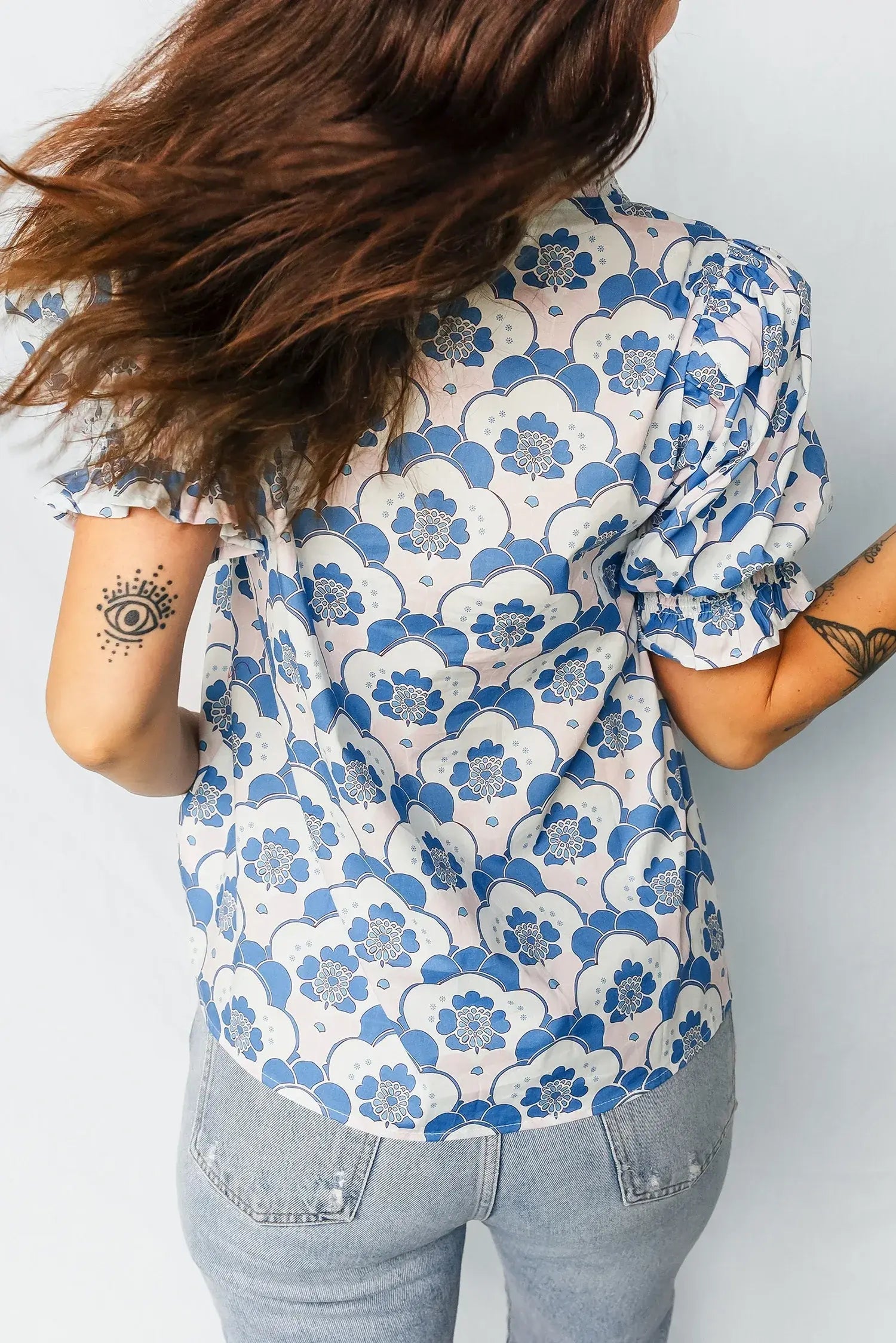 Sky Blue Floral Print Flounced Short Sleeve Contrast Trim V Neck Blouse