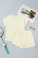 White Contrast Leopard Bow Patched V Neck Loose Tee Drawstring Shorts 2pcs Outfit