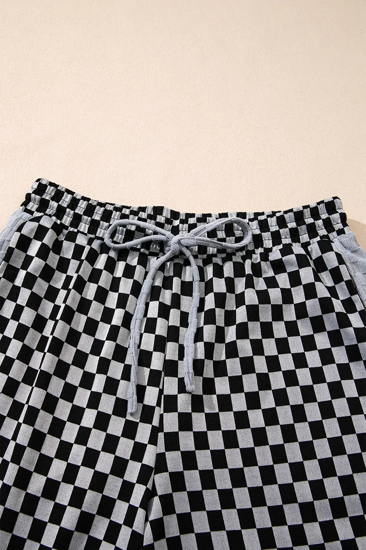 White Checkerboard Drawstring Waist Casual Pants