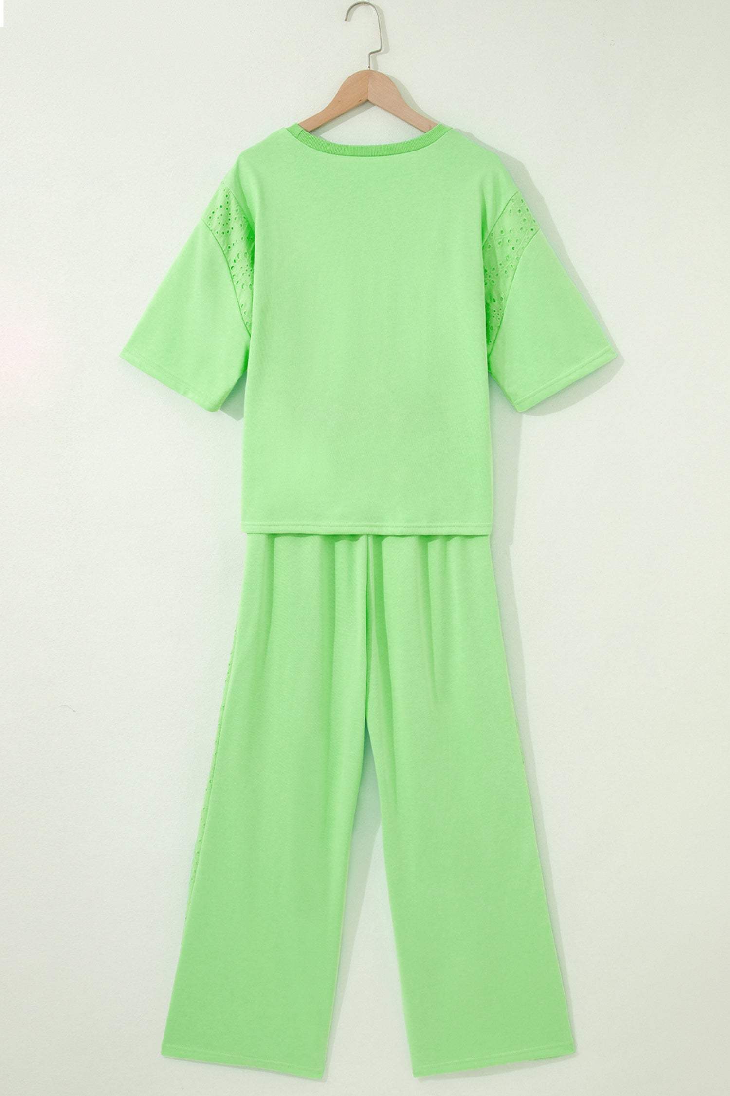 Light Green Lace Patchwork Half Sleeve Top Elastic Waist Pants Two Piece Set