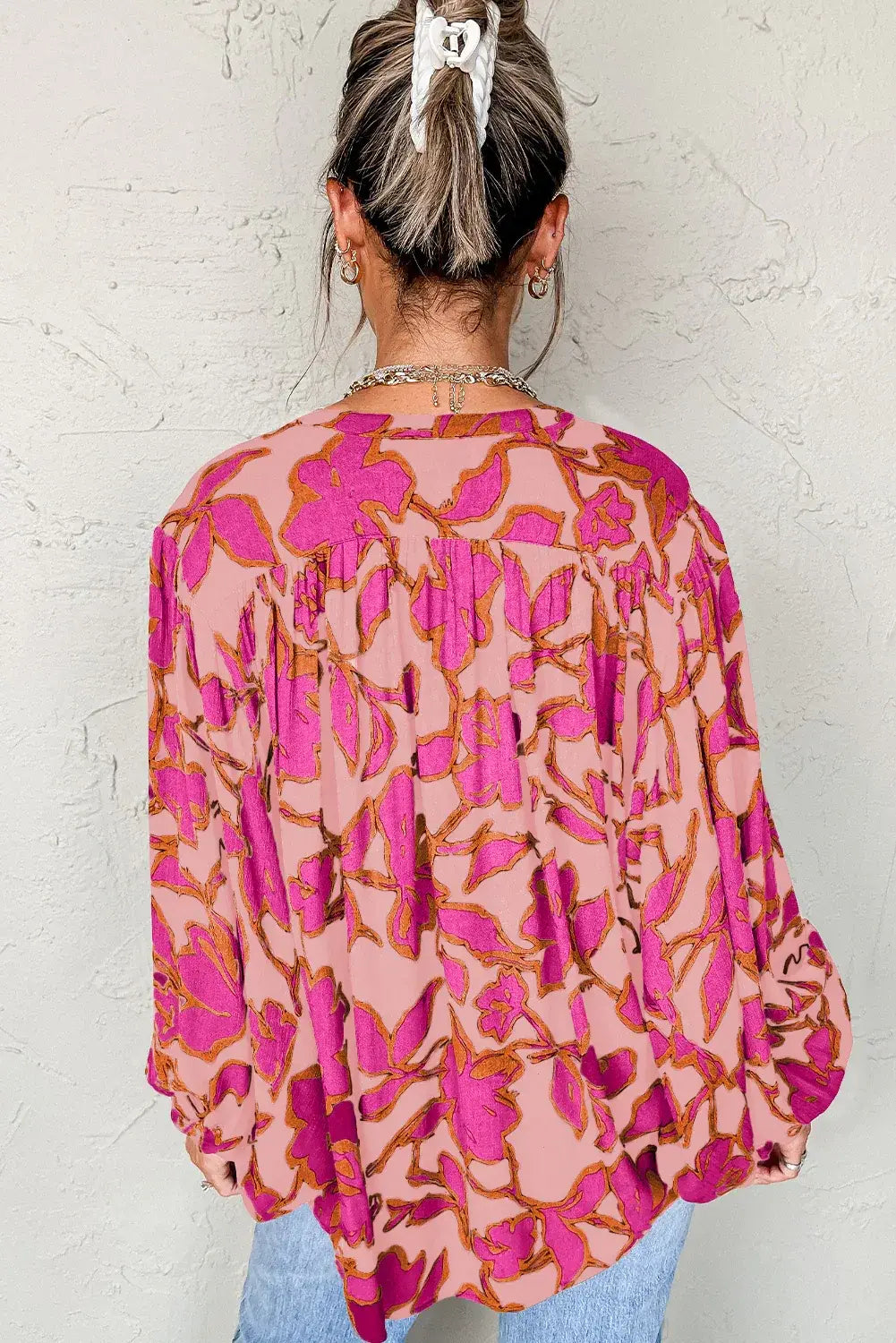 Gray Morn Floral Print Batwing Sleeve Buttoned Loose Fit Shirt