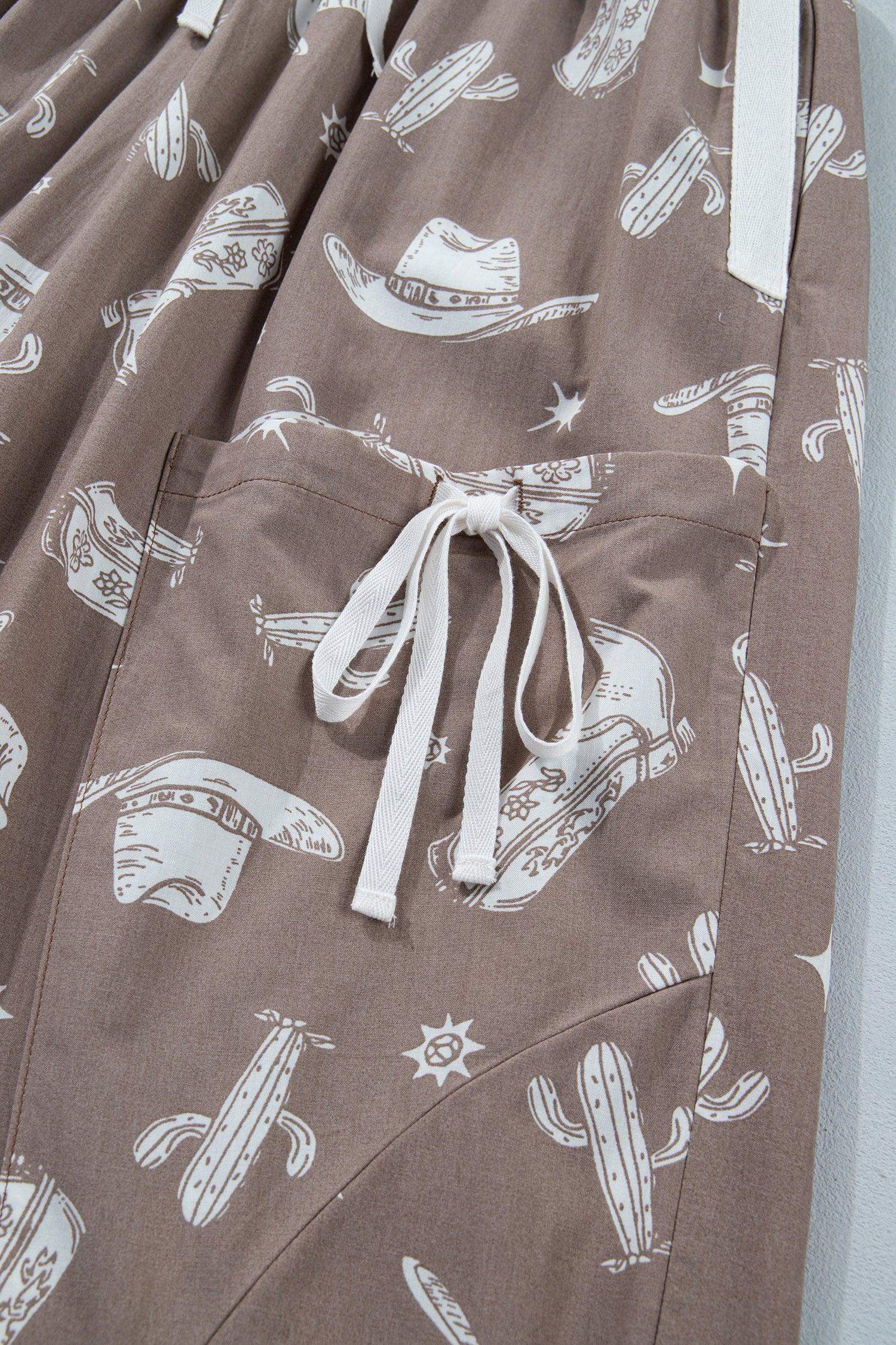 Khaki Western Cactus Cowgirl Hat Boot Printed Vintage Drawstring Jogger Pants