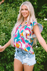 Multicolour Abstract Print Notched Neck Flutter Sleeve Blouse