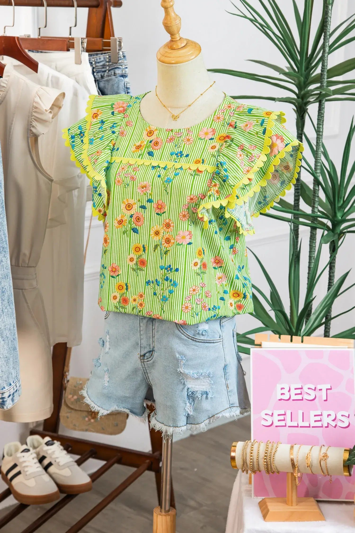 Green Stripe Floral Printed Scalloped Detail Ruffle Short Sleeve Blouse