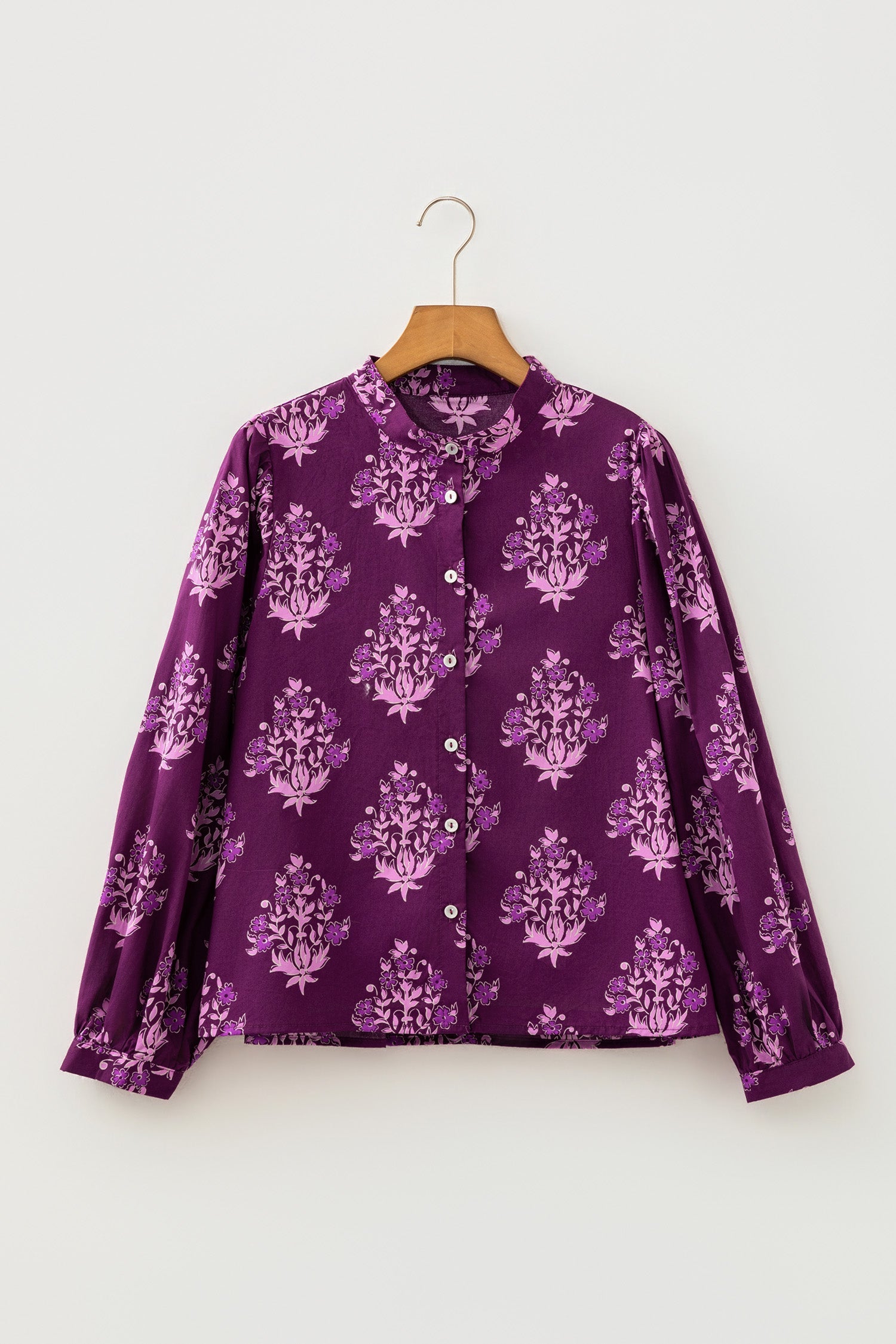 Purple Floral Print Button Front Long Sleeve Round Neck Casual Shift Top