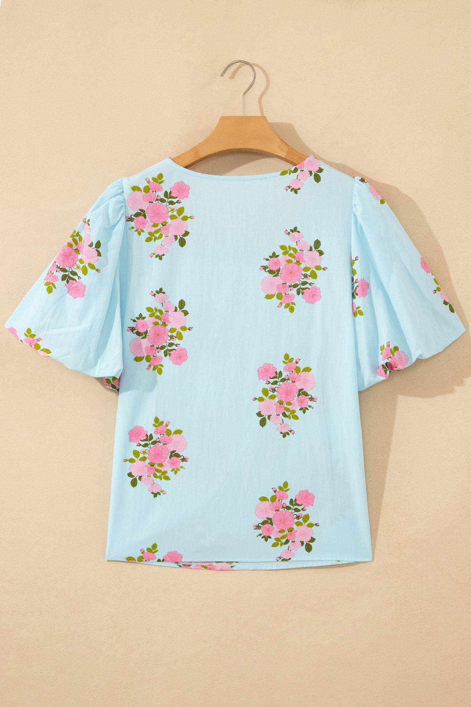 Sky Blue Floral Printed Contrast Ricrac Detail Bubble Sleeve Blouse