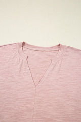 Light Pink Keyhole Notch V Neck Batwing Sleeve Blouse