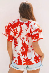Red Plant Print Tiered Ruffled Sleeve V Neck Blouse