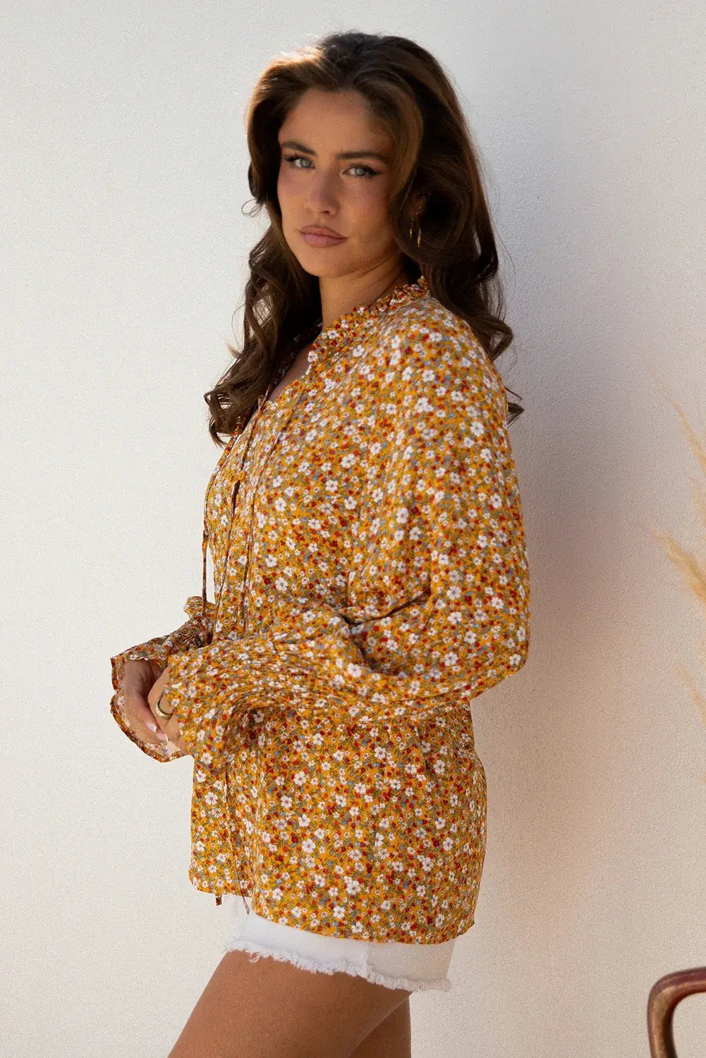 Orange Boho Floral Ruffled Bubble Sleeve V Neck Fall Blouse