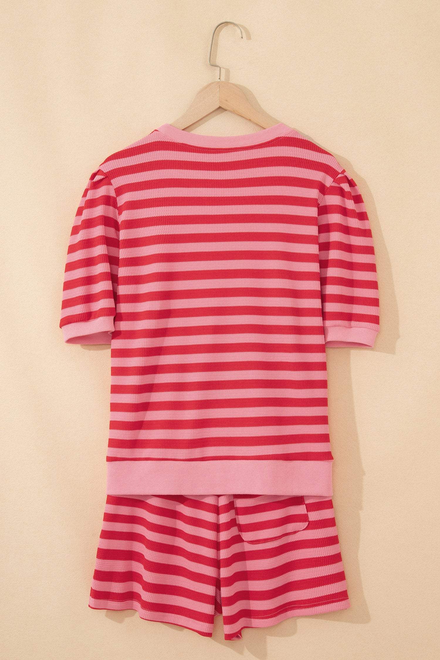 Red Stripe Puff Short Sleeve T Shirt Matching Shorts Set