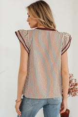 Khaki Stripe Double Ruffled Short Sleeve V Neck Blouse