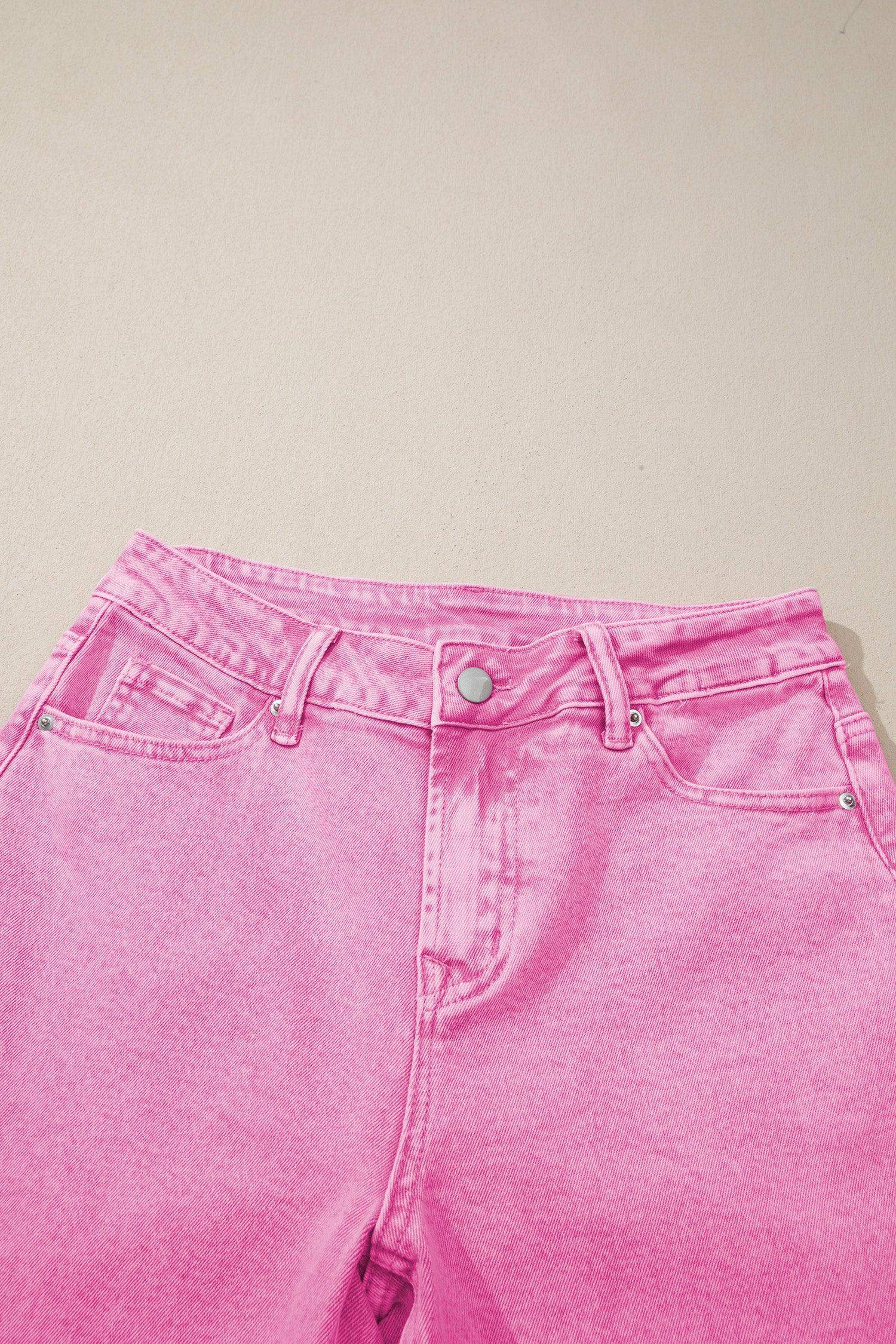 Pink Acid Wash High Waist Uneven Raw Hem Shift Jeans