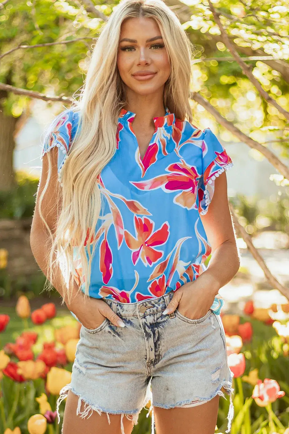 Sky Blue Floral Print V Neck Pompom Trim Flutter Sleeve Blouse