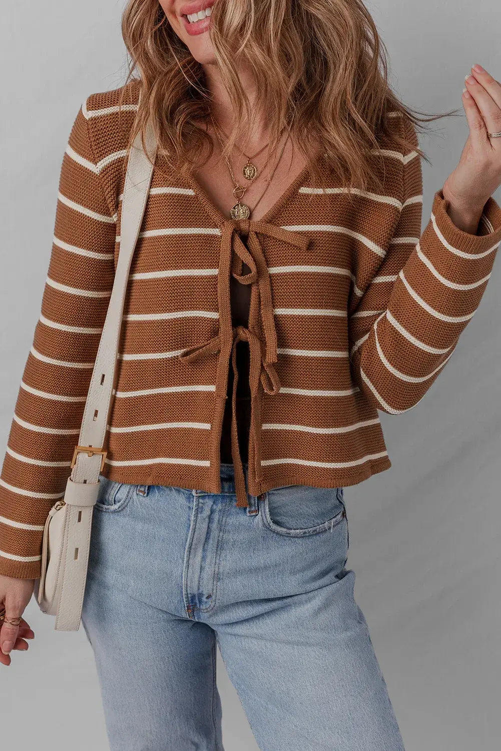 Chestnut Tie Front Striped Knit V Neck Cardigan Sweater