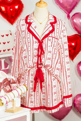 Red Sweet Floral Heart Bow Print Contrast Trim Long Sleeve Shirt Pajama Short Set