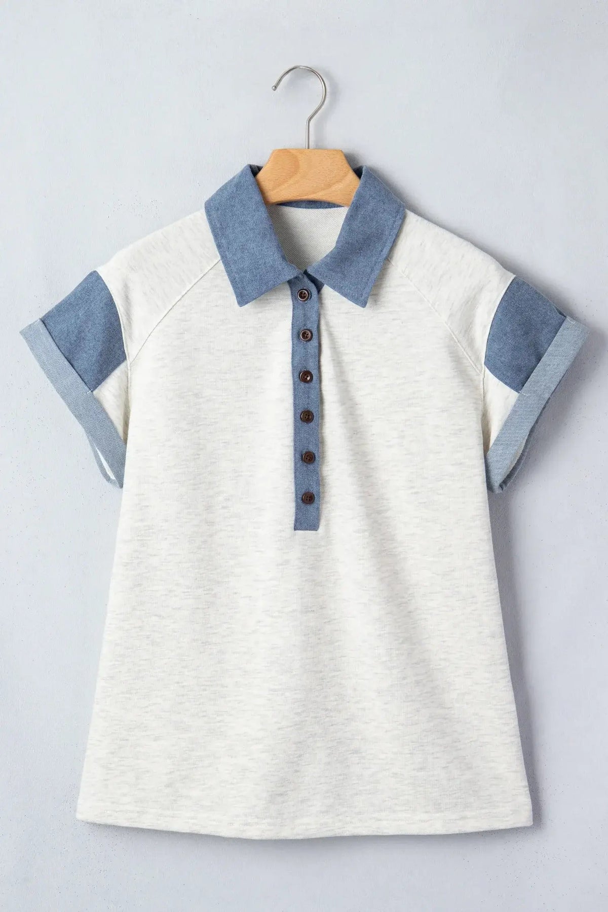 Light Grey Denim Color Block Patchwork Shirt Collar Short Sleeve Blouse