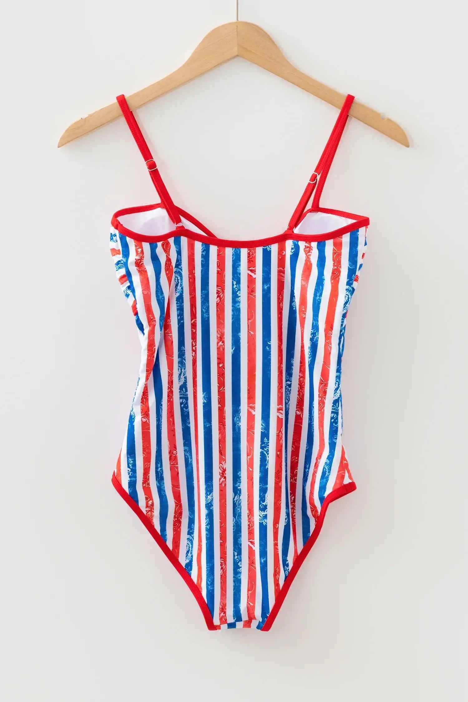 Red July 4th Stripes Star Floral Impression Cutout Spaghetti Straps One Piece Swimsuit