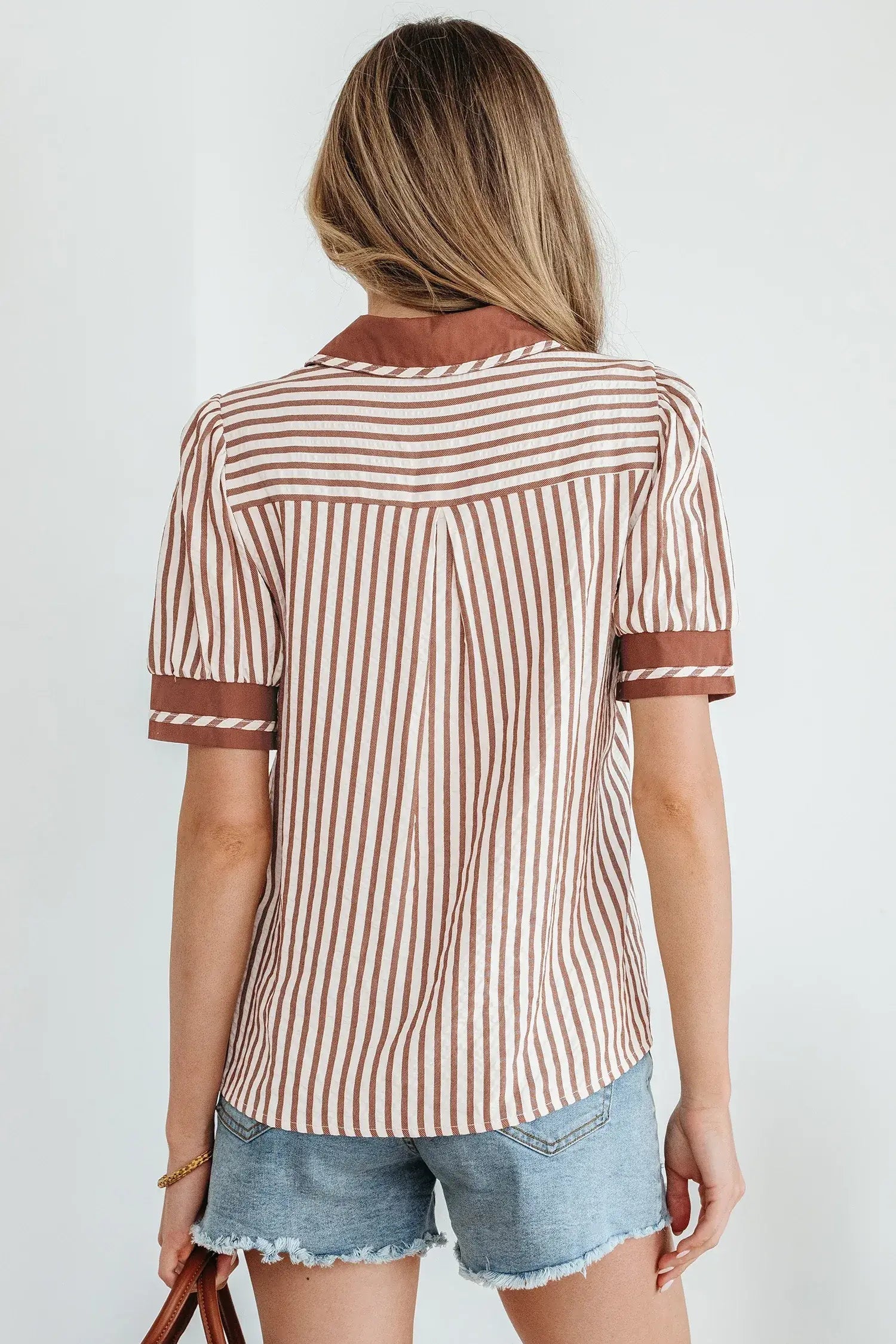 Black Stripe Collared Split Neck Short Bubble Sleeve Blouse