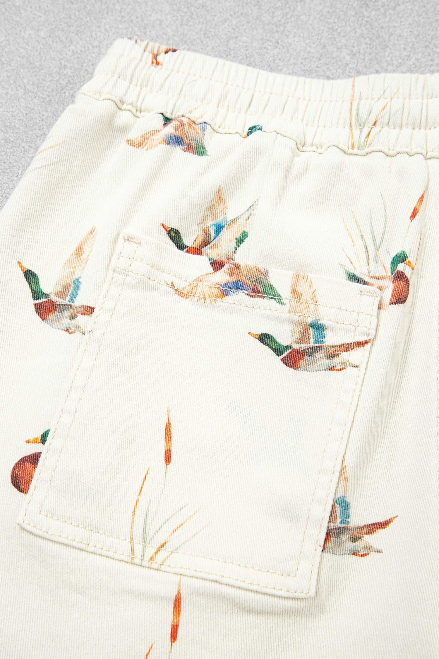 Beige Wild Duck Mallard Printed Drawstring Denim Shorts
