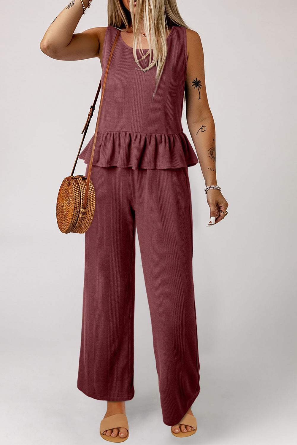 Beau Blue Solid Color Ribbed Ruffle Tank Top and Pants Set