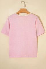 Strawberry Pink Lacy V Neckline Short Sleeve Sweater