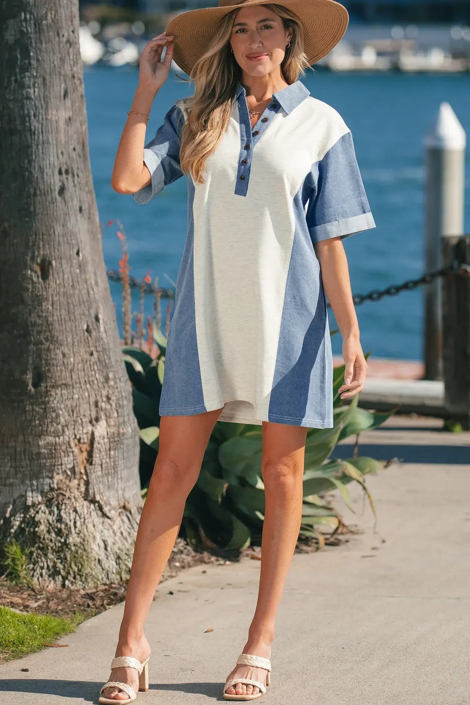 Light Grey Denim Color Block Patchwork Button Polo Collar T Shirt Tunic Dress