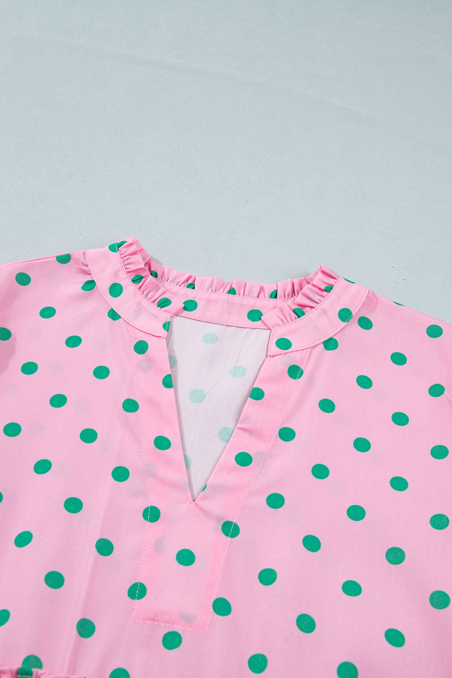 Pink Polka Dot Print V Neck Short Sleeve Tiered Mini Dress
