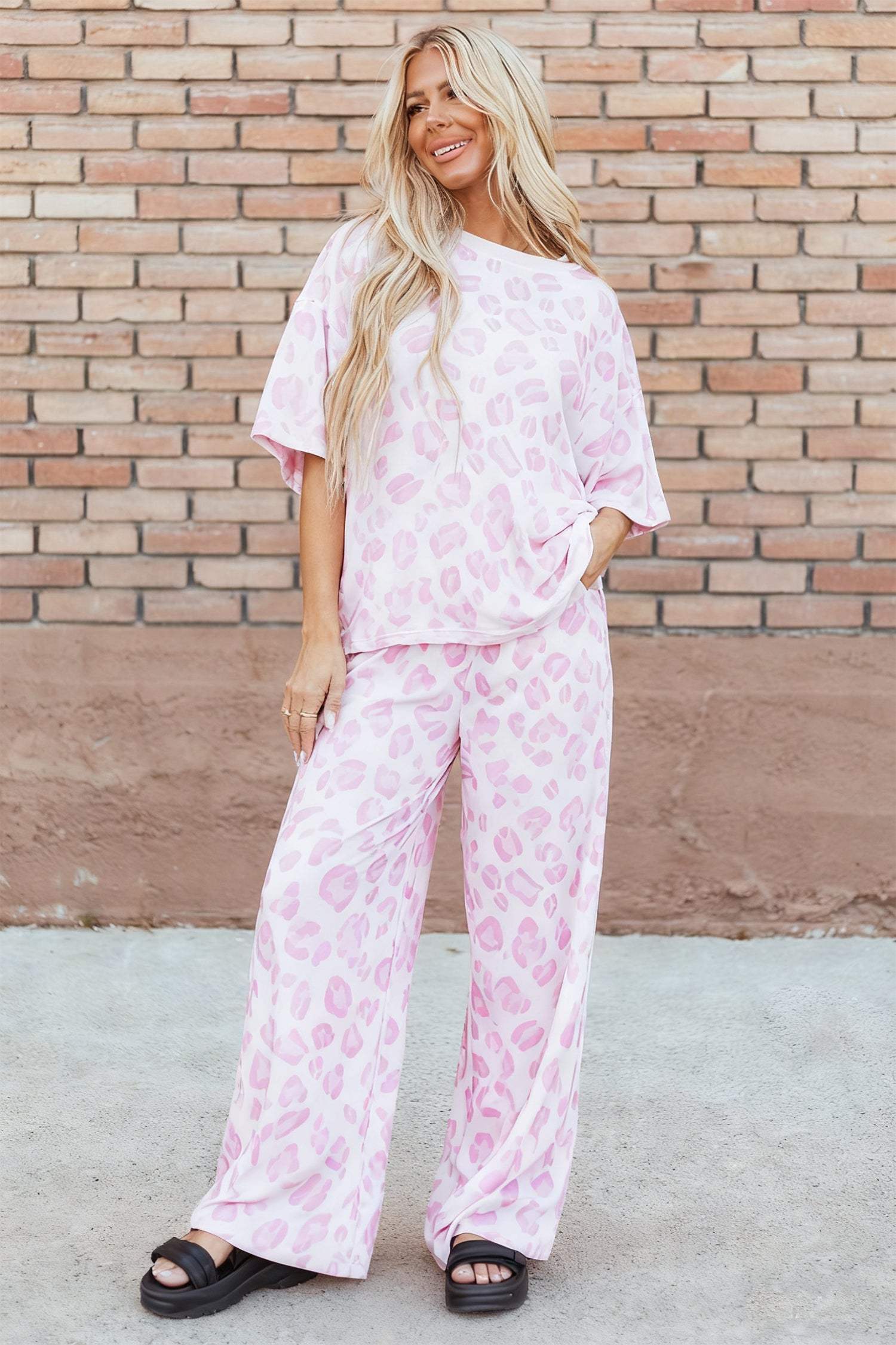 Pink Leopard Two Piece Top and Pants Set