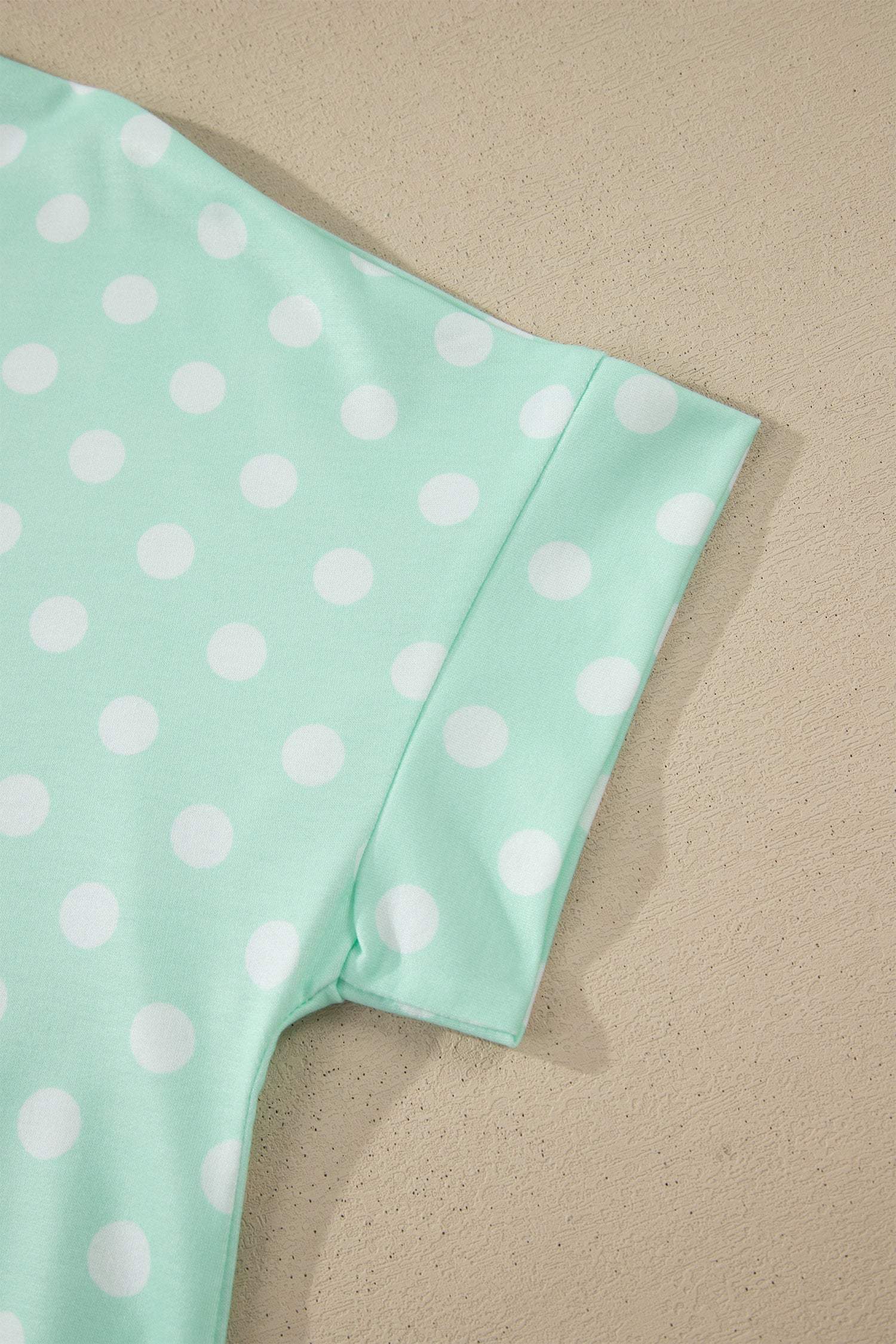 Green Polka Dot Print Color Block Trim Mock Neck Short Set