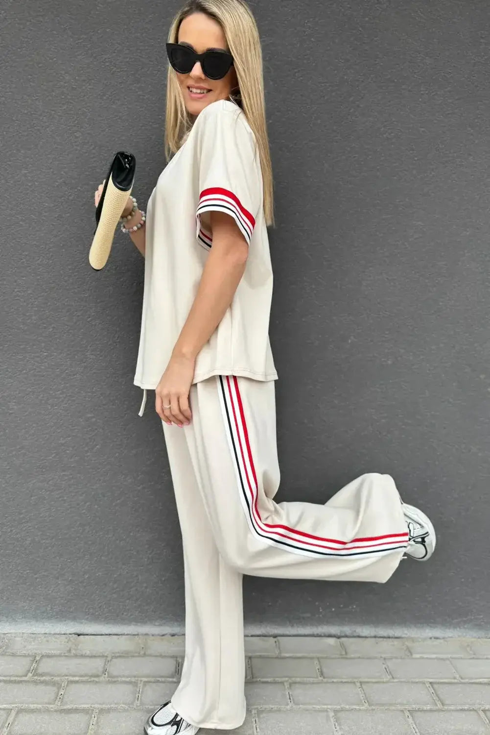 Jet Stream Contrast Striped Trim Crewneck T Shirt Loose Straight Pants Set