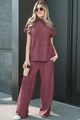 Dark Grey Twisted Ribbed High Neck Loose Tee Elastic High Waist Loose Pant Set