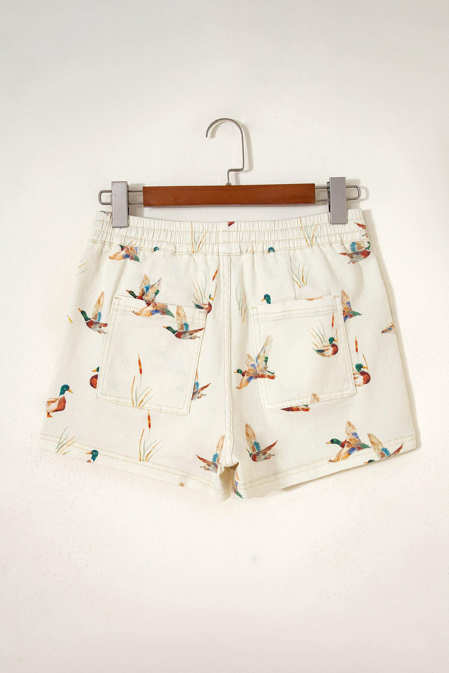 Beige Wild Duck Mallard Printed Drawstring Denim Shorts