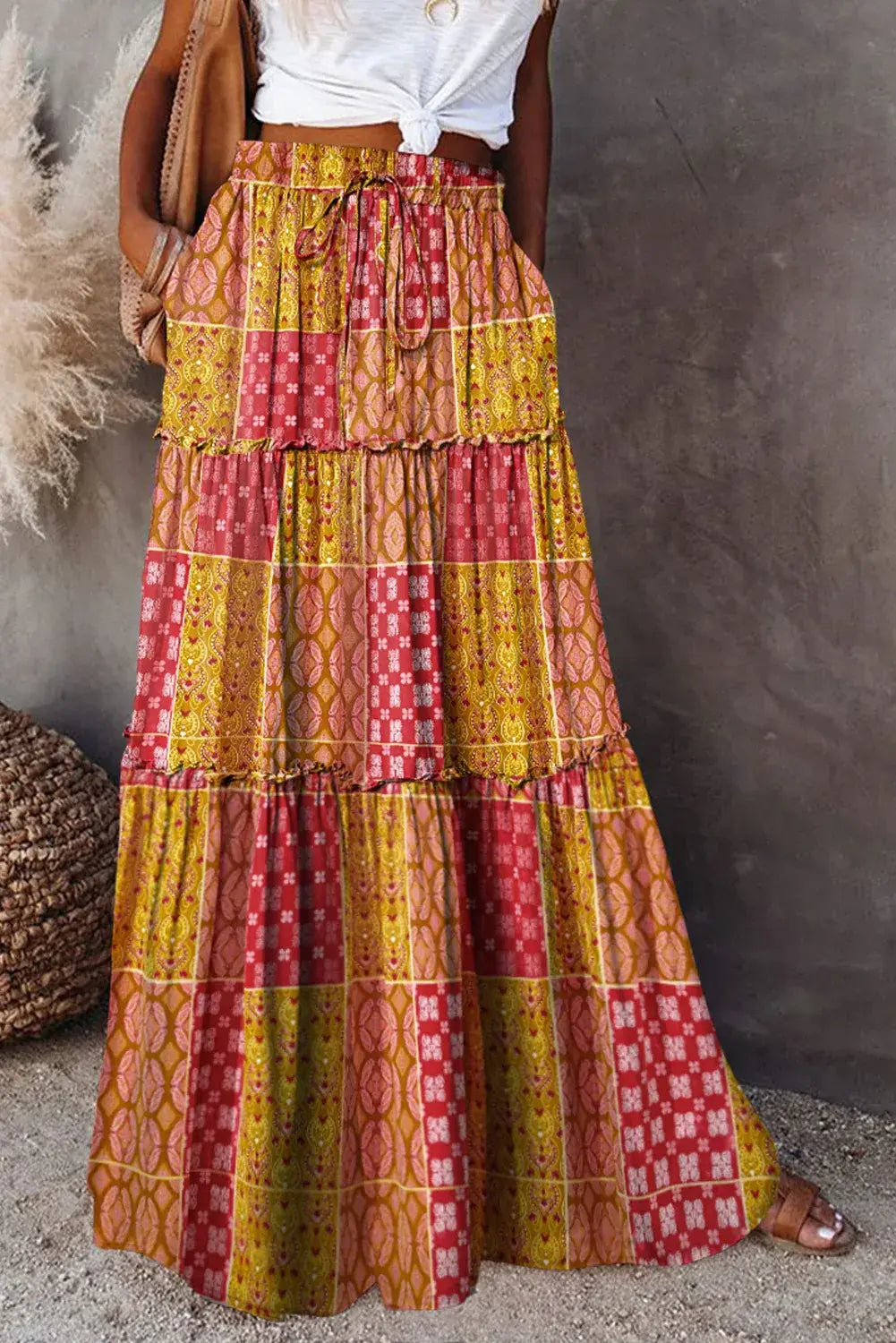 Orange Tiered Paisley Print Pocketed Maxi Skirt