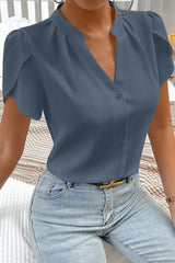 Sail Blue Silky Notched Neckline Petal Sleeve Blouse