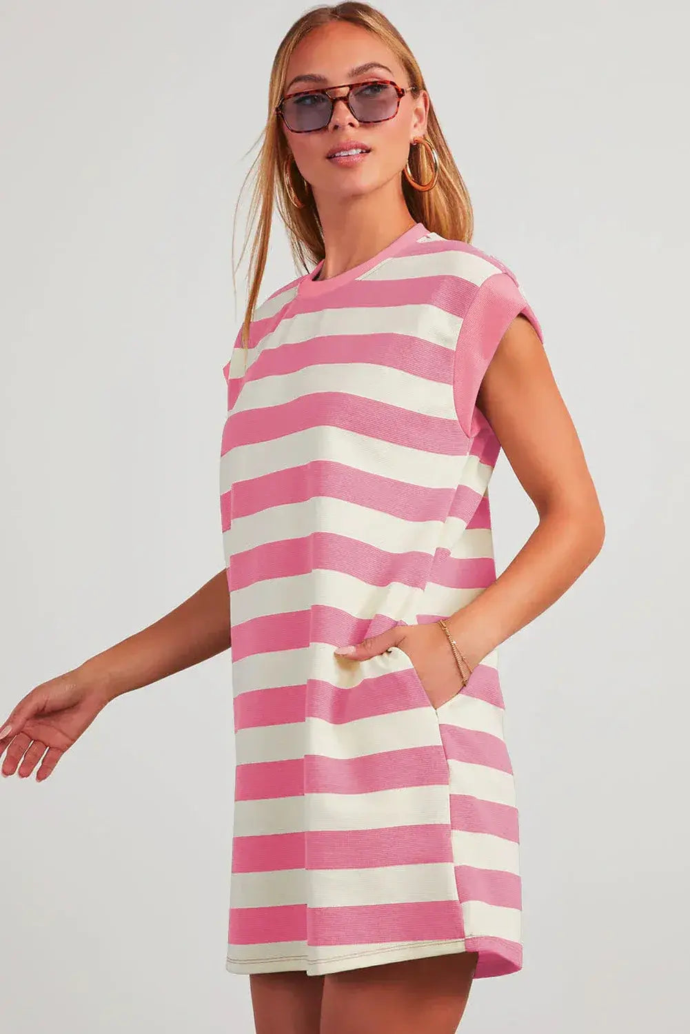 Black Stripe Cap Sleeve Shift T Shirt Dress