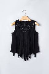 Black Western Fringe Rivet Paneling Bust Sleeveless Top