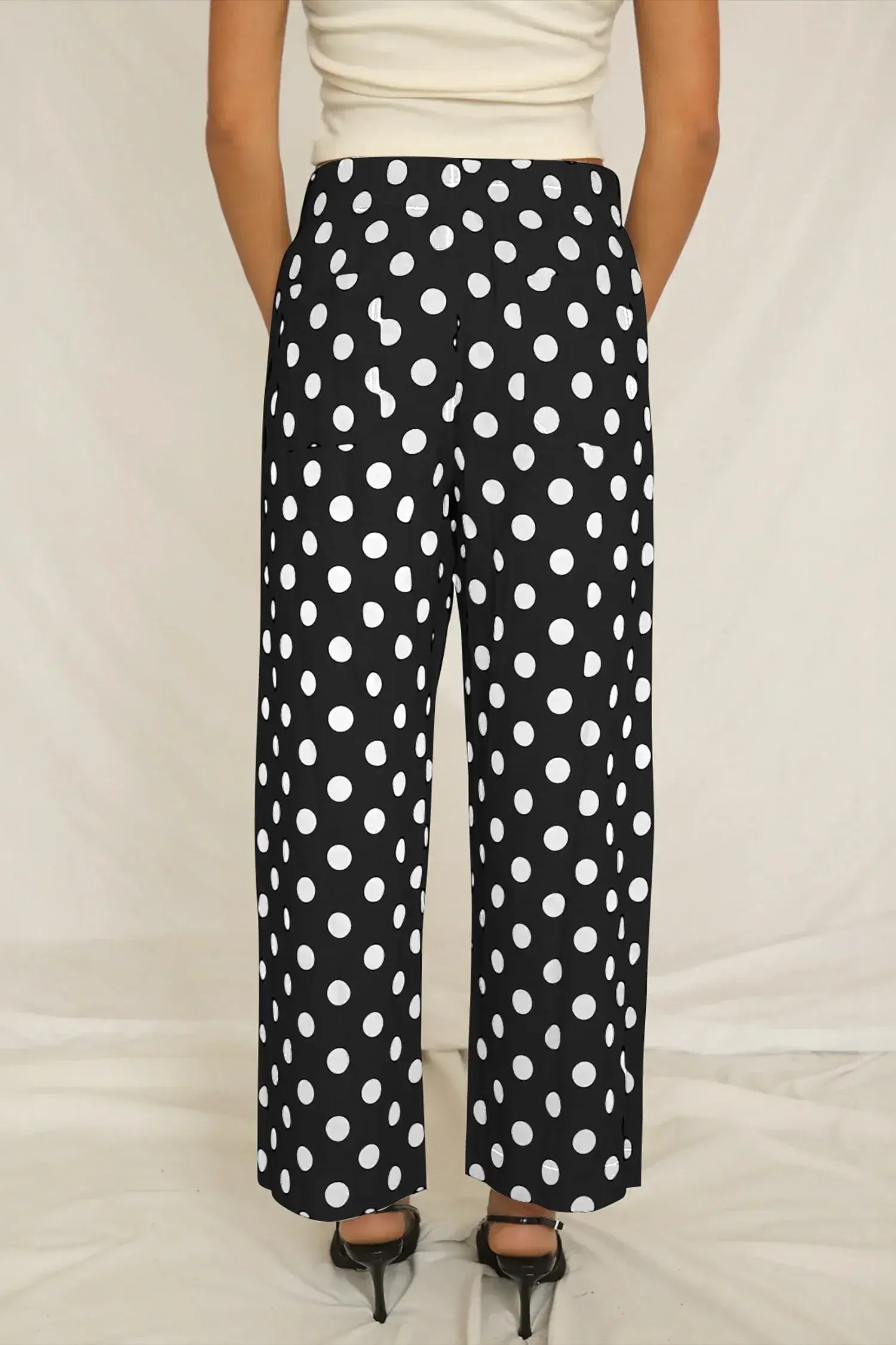 Black Polka Dot Print Patched Pocket Mid-rise Straight Leg Pants