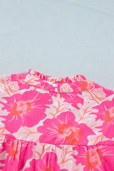 Pink Short Bubble Sleeve Summer Floral Blouse