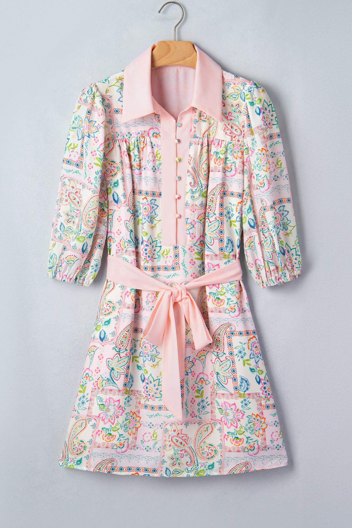 Pink Boho Floral Print Color Block Trim Half Button Belted Mini Dress