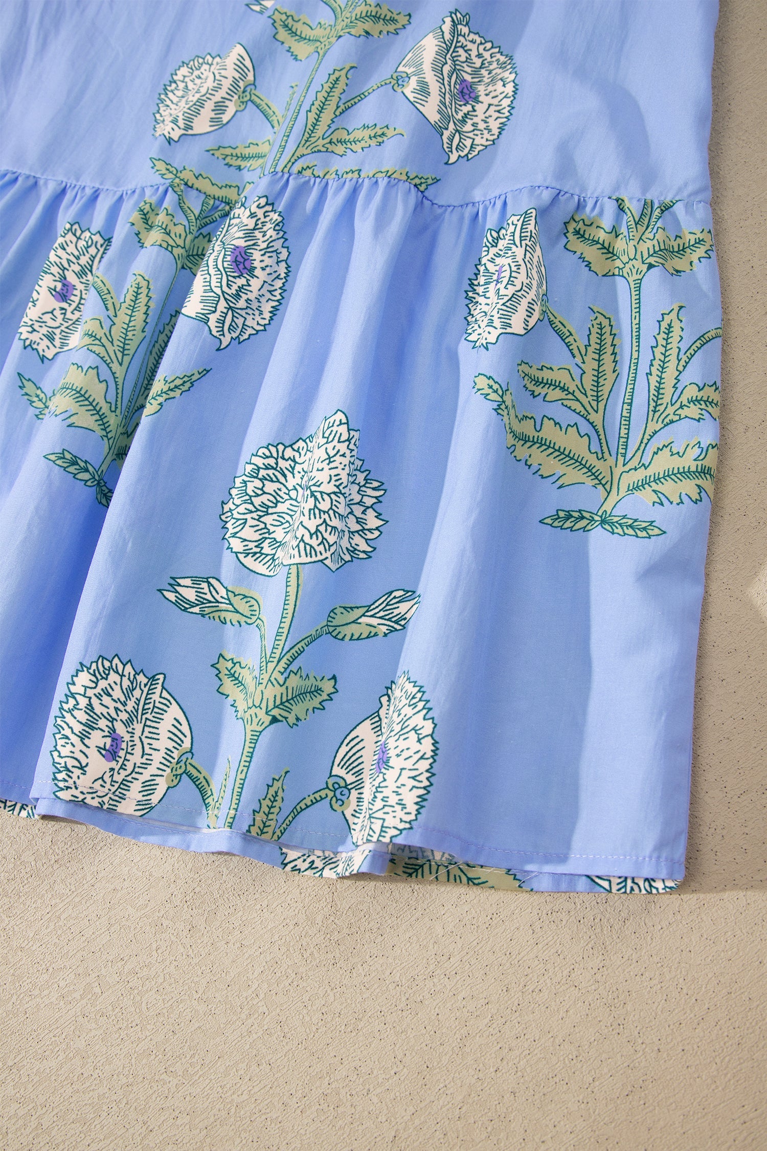 Sky Blue Wild Floral Print Scalloped Embroidery Trim V Neck Drop Waist Mini Dress