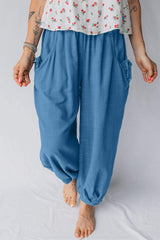 Prussian Blue Smocked Waist Casual Jogger Style Pants