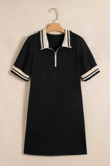 Black Striped Webbing Trim Preppy Polo Tee Dress
