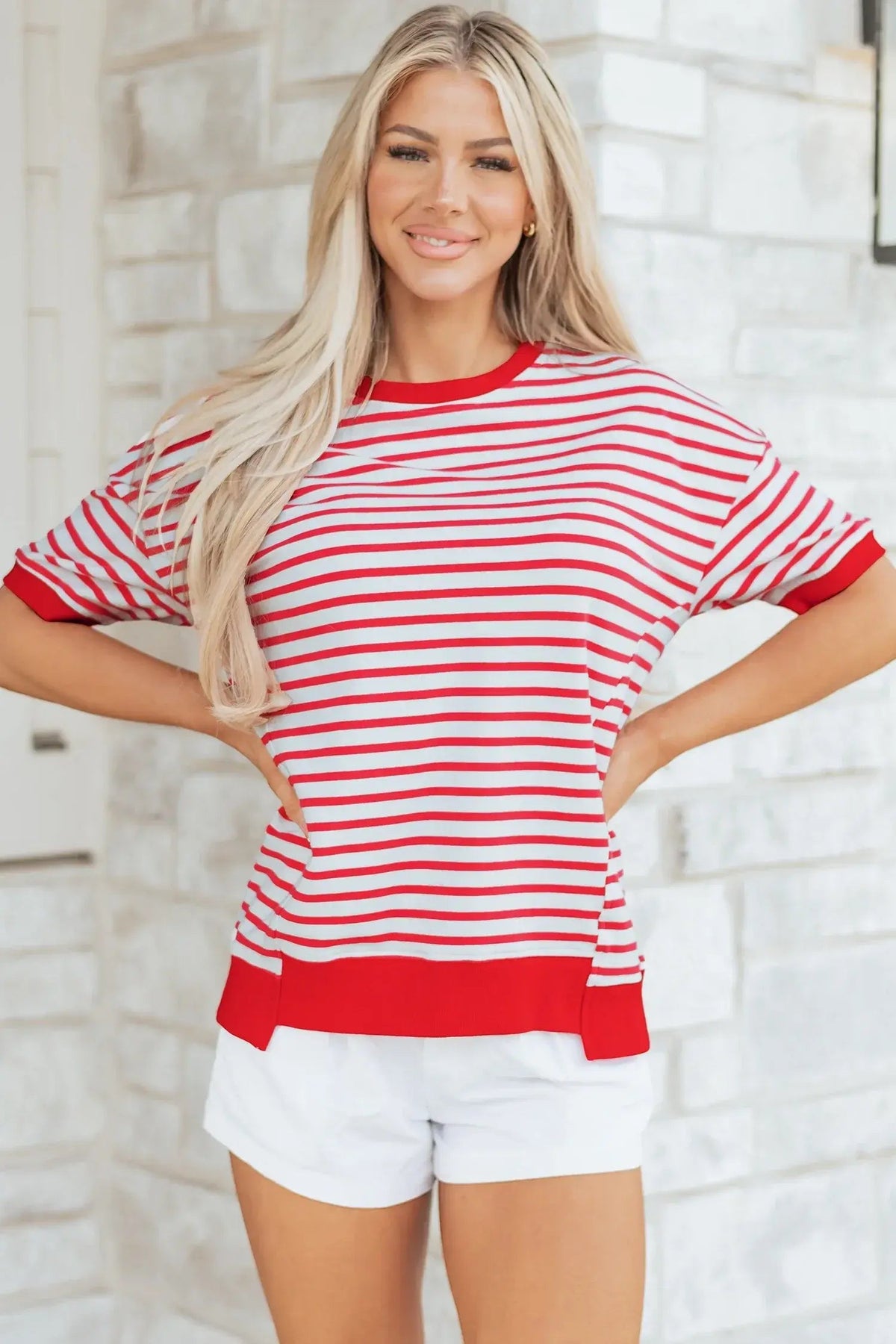 Red Stripe Drop Shoulder Half Sleeve T Shirt