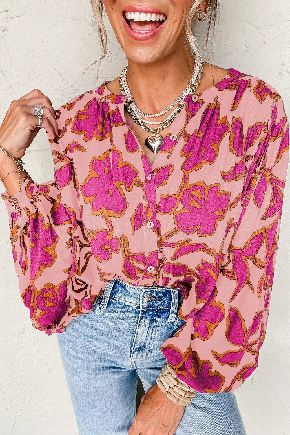 Gray Morn Floral Print Batwing Sleeve Buttoned Loose Fit Shirt