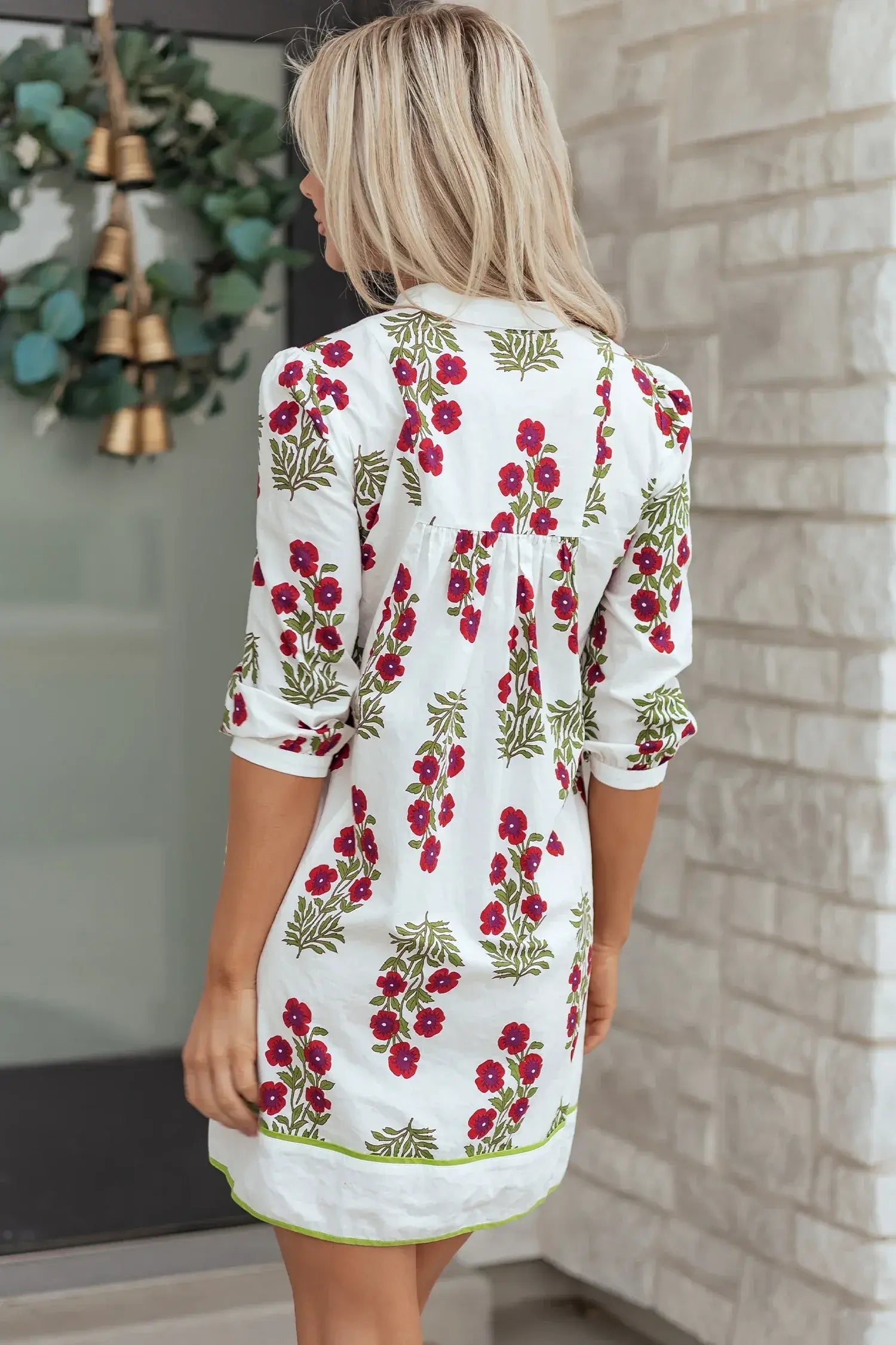 White Frilled V Neck 3/4 Sleeve Loose Floral Dress